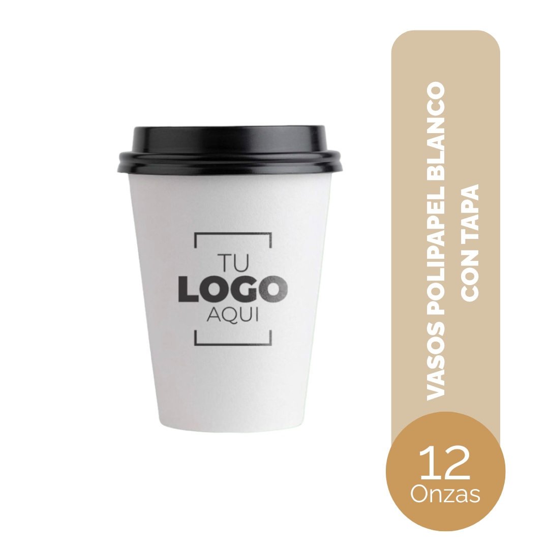 VASO DE POLIPAPEL 12 ONZAS BLANCO CON TAPA NEGRA