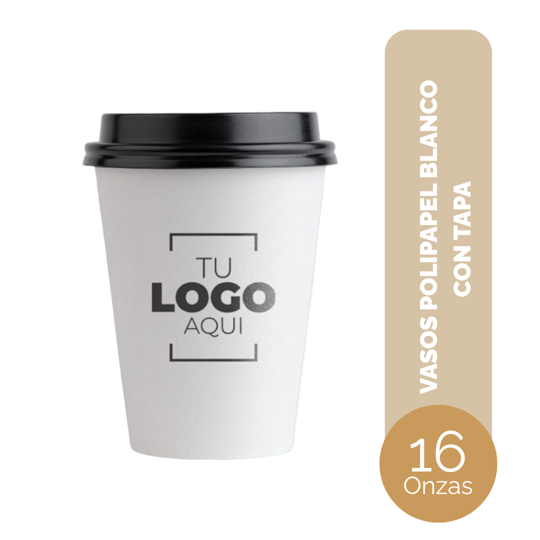VASO DE POLIPAPEL 16 ONZAS BLANCO CON TAPA NEGRA