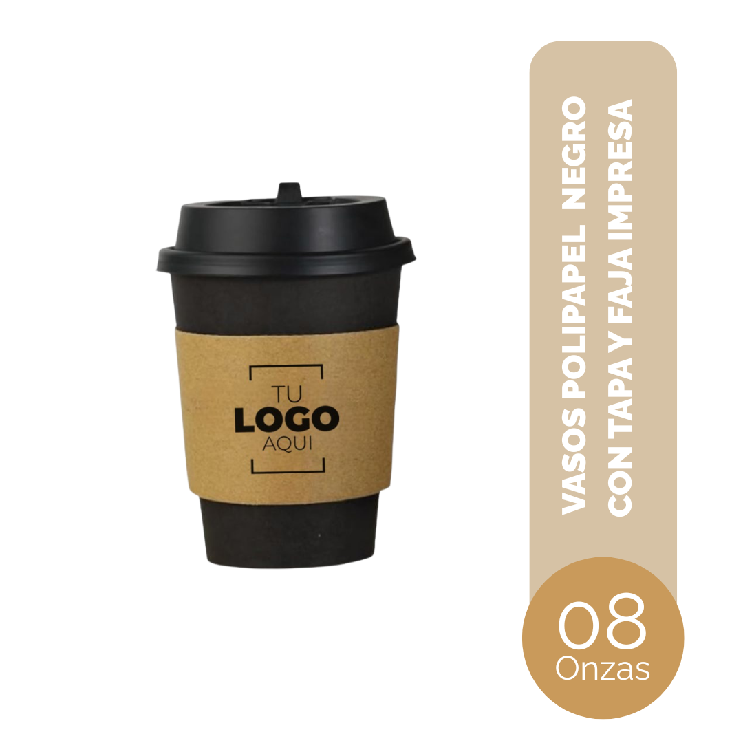 VASO DE POLIPAPEL 08 ONZAS NEGRO CON TAPAS Y CON JACKET IMPRESO