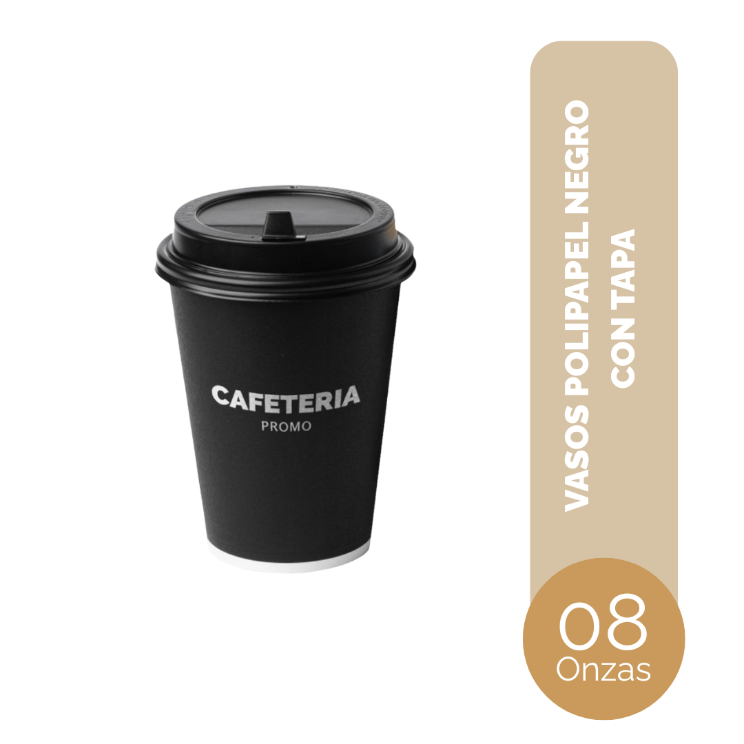 VASO DE POLIPAPEL 08 ONZAS NEGRO CON TAPA NEGRA
