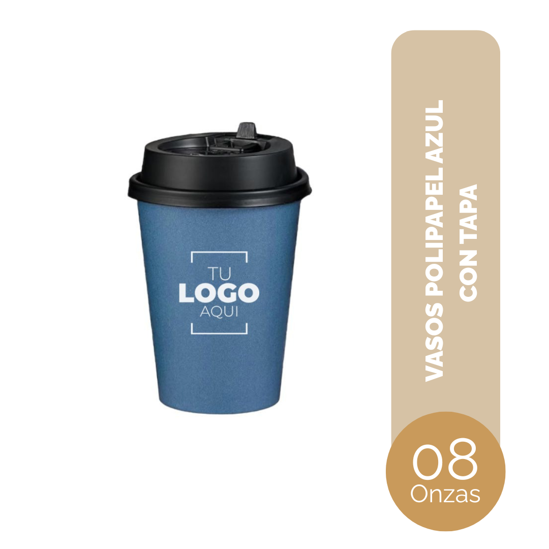 VASO DE POLIPAPEL 08 ONZAS AZUL CON TAPA NEGRA