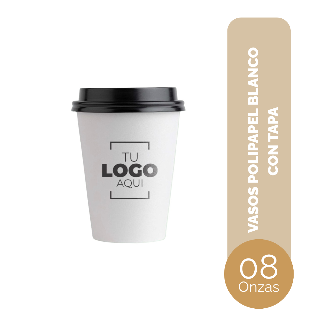 VASO DE POLIPAPEL 08 ONZAS BLANCO CON TAPA NEGRA