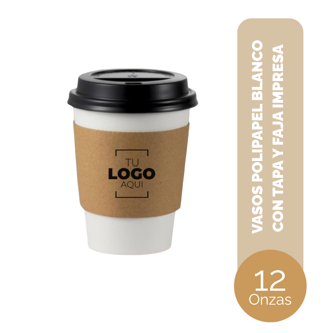 VASO DE POLIPAPEL 12 ONZAS BLANCO CON TAPAS Y CON JACKET IMPRESO