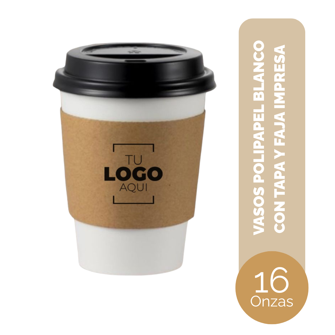 VASO DE POLIPAPEL 16 ONZAS BLANCO CON TAPAS Y CON JACKET IMPRESO