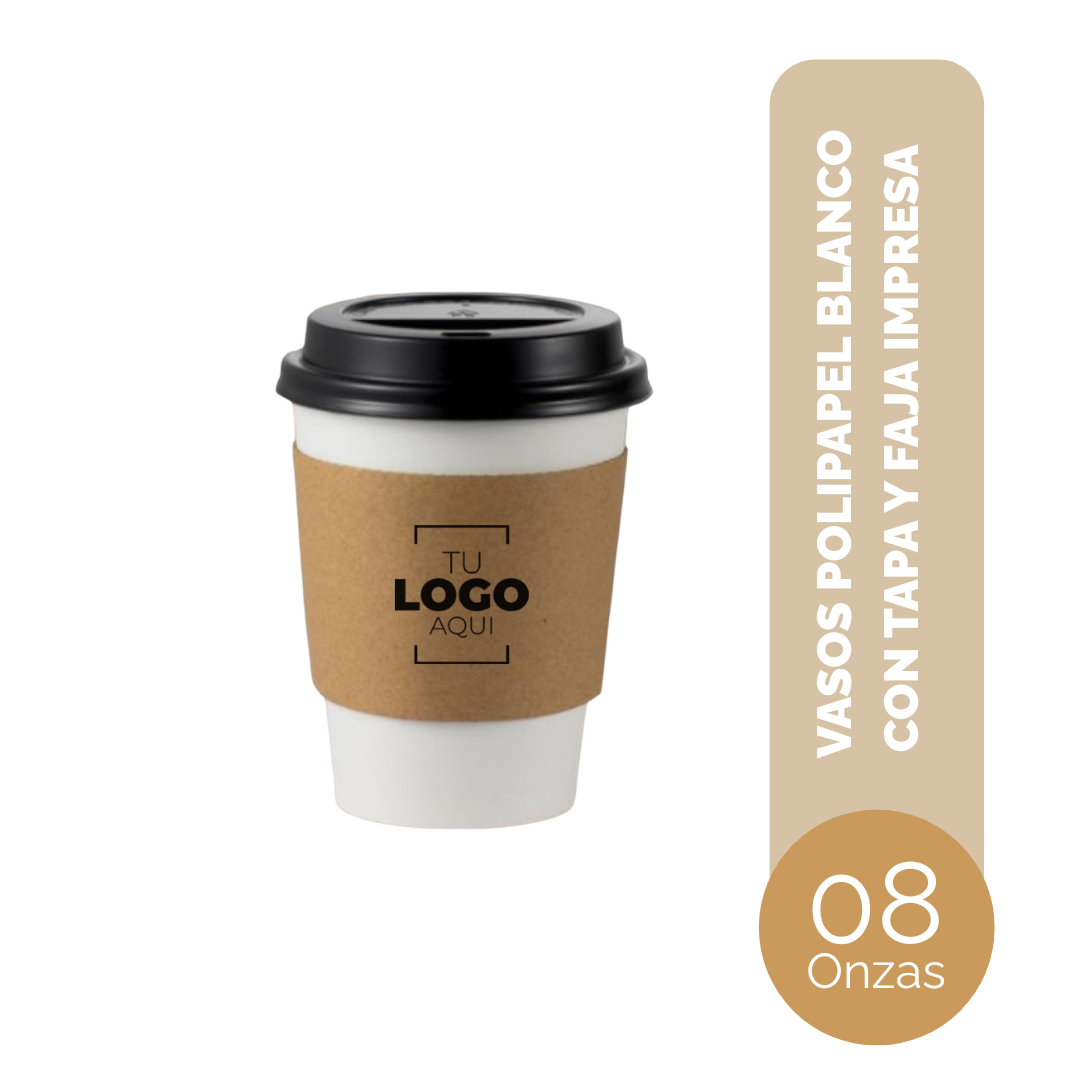 VASO DE POLIPAPEL 08 ONZAS BLANCO CON TAPAS Y CON JACKET IMPRESO